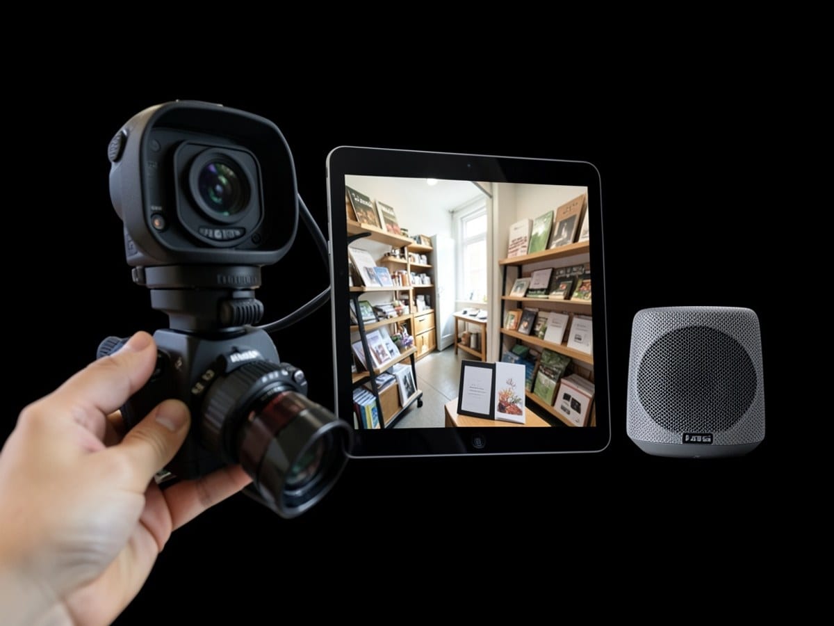conference setup features a camera, tablet, and speaker against a black background, designed for clear audio and visual communication.