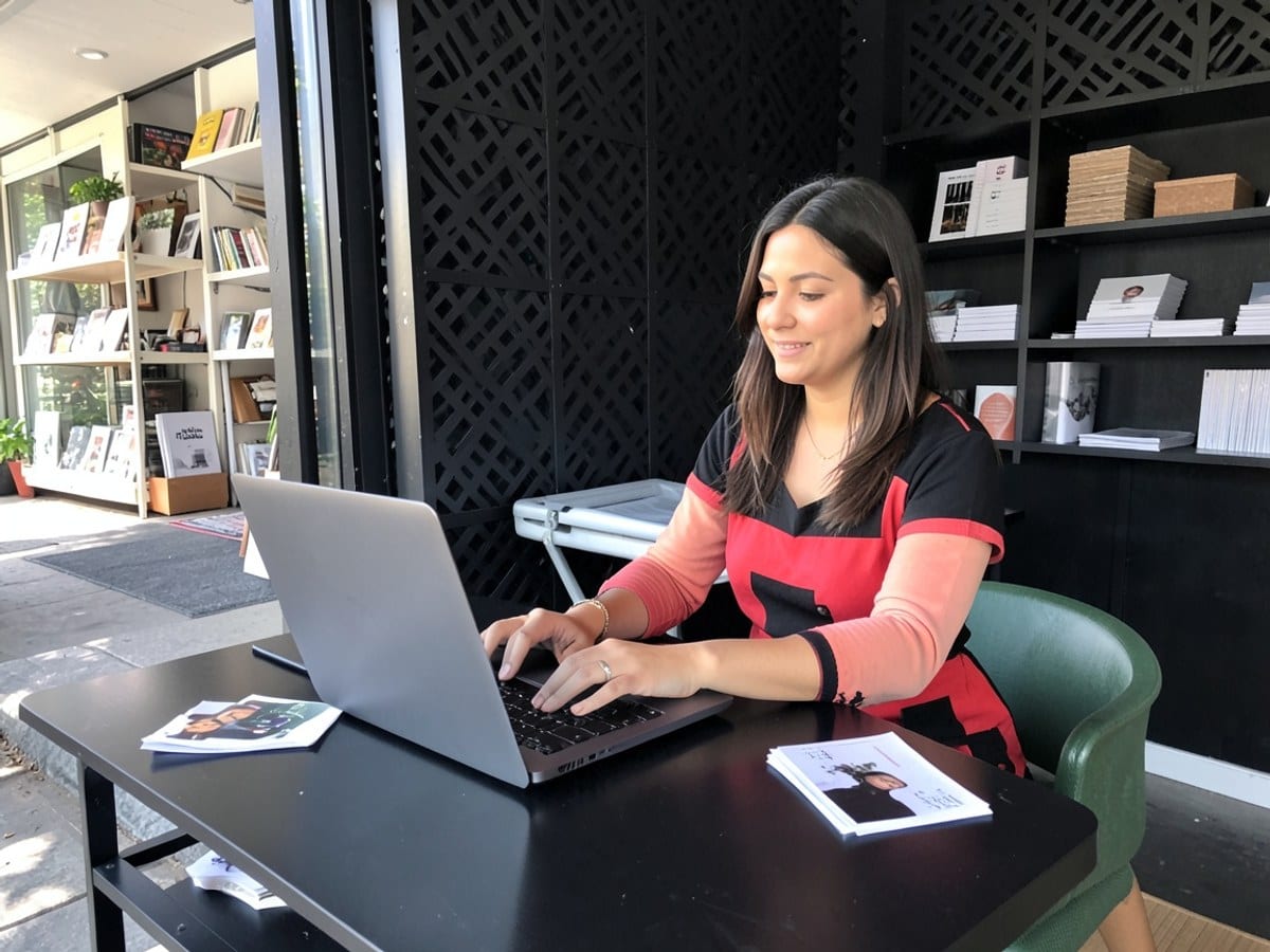 woman, dressed in a red and black dress, works on a laptop at a black desk, with a black geometric wall and green chair in the background.