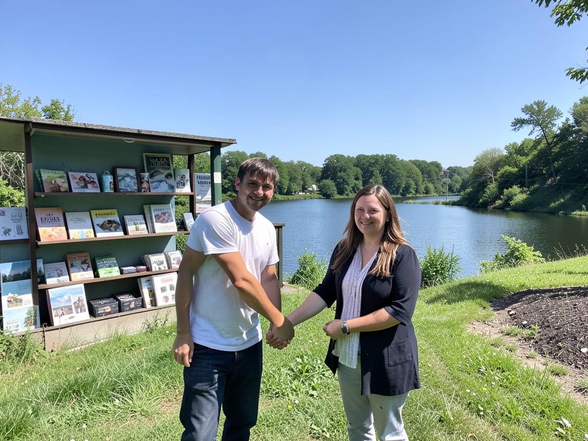 Two individuals hold hands on a grassy hill, backed by a serene lake and lush greenery, with a clear blue sky above.