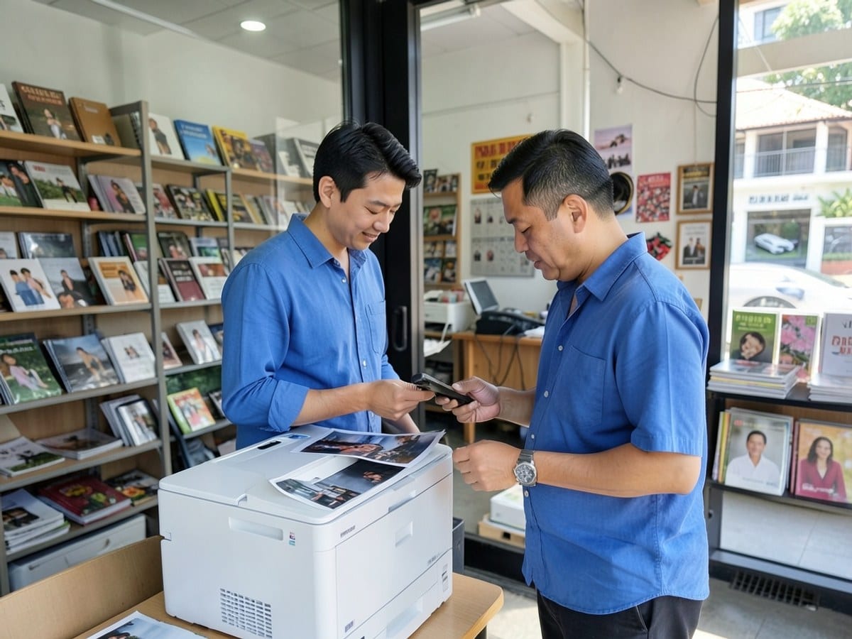 person in a blue shirt stands near a white printer, actively using their phone while dressed casually in a office setting.