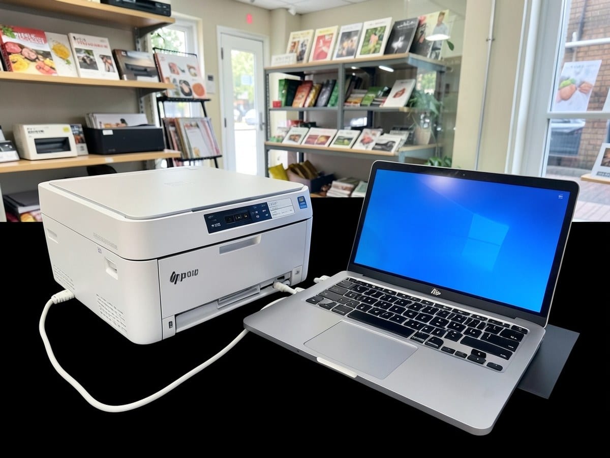 white HP printer and a silver laptop with a blue Windows screen are positioned on a black background, connected by a white cable.