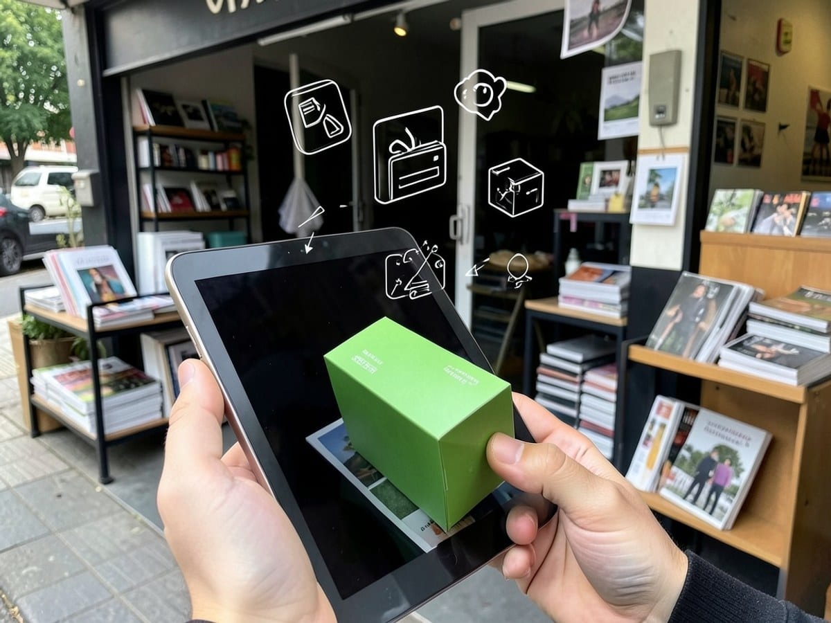 person holds a tablet, with a green box and floating icons on a black background, conveying a sense of discovery or innovation.