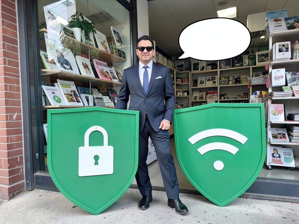 man in a suit, sunglasses, and a tie stands confidently beside two shields one-green with a lock symbol and the other green with a wifi symbol, accompanied by a speech bubble.
