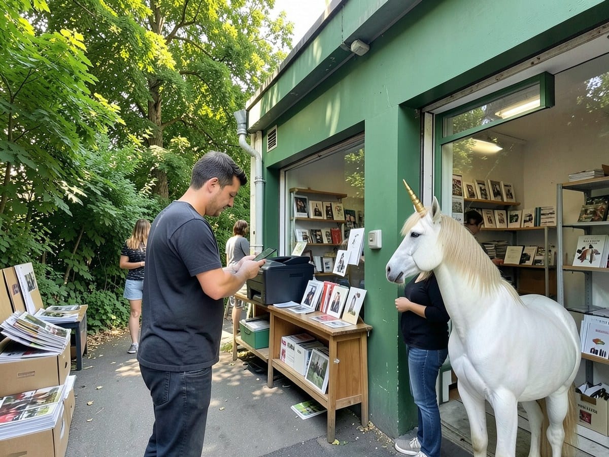 man on a green building checks his phone, while a woman uses a printer and a unicorn with a golden horn stands nearby, surrounded by green trees.