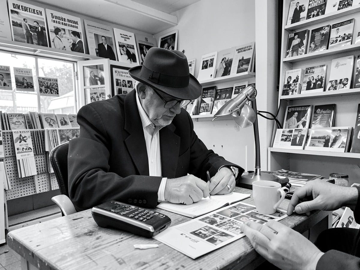man in a suit and hat, engrossed in work at a desk with a lamp, phone, and cup, is depicted in a black and white illustration.