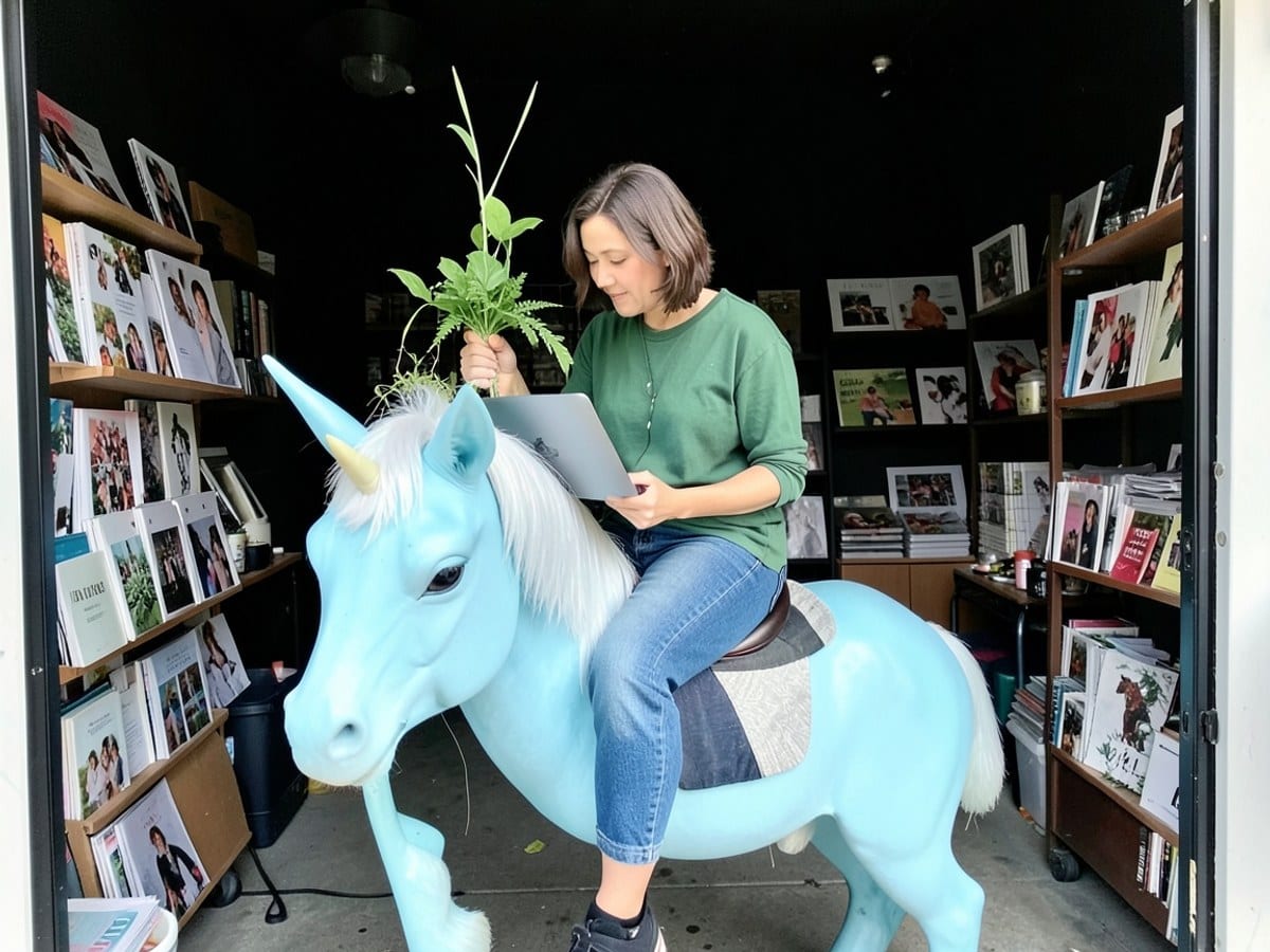 person in green shirt and blue jeans works on a laptop while riding a light blue unicorn, holding green plants in its horn, against a black background.