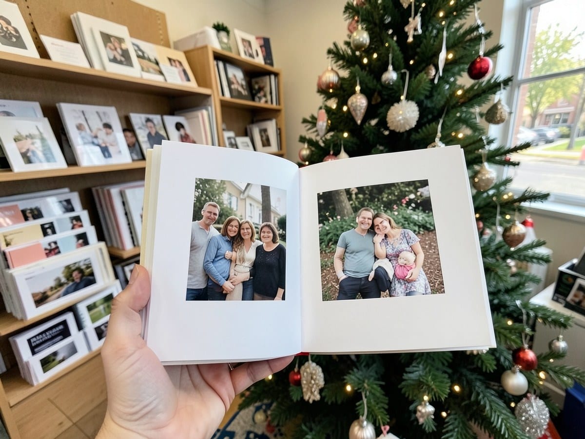 person holds an open white photo album, displaying three pictures of a family, with a decorated Christmas tree in the background.