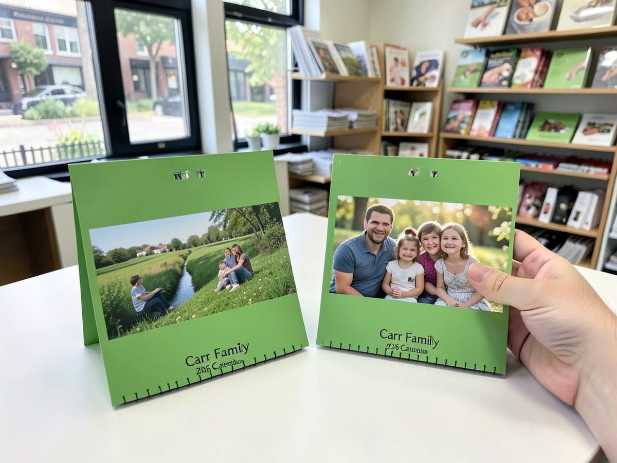 Two green-covered calendars, one with a green scene and the other with a family photo, sit on a white surface, with the client's brandingThe Carr Family 2026 Calendar".