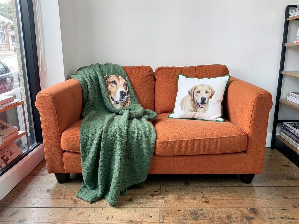 cozy orange couch displays a green throw blanket with a dog photo, a white pillow with a green border, and a smaller white pillow with a dog photo, and all set against a wooden floor and white wall.