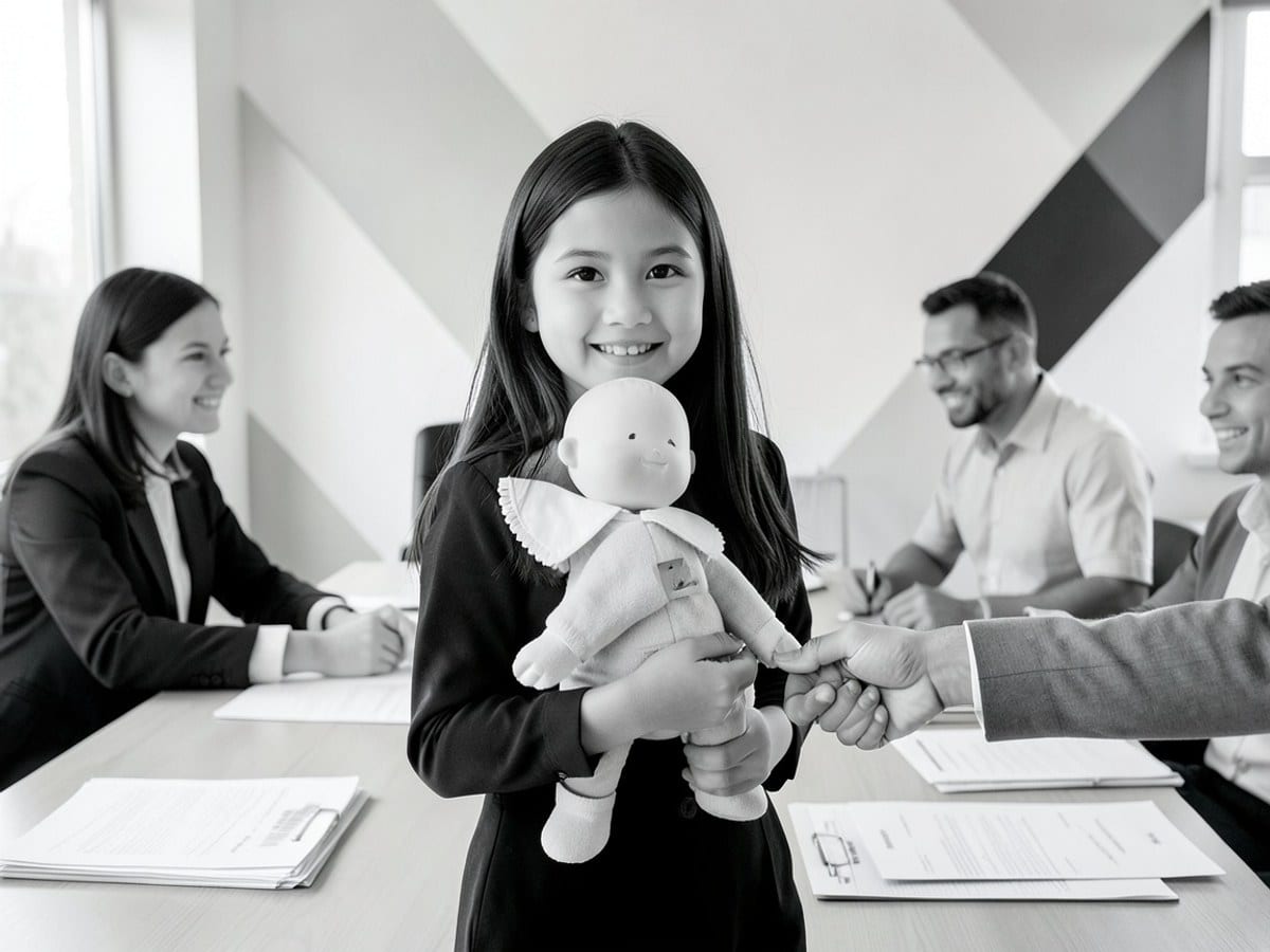 young girl in a black and white portrait holds a doll with a round head and white collar, standing against a background of geometric shapes.