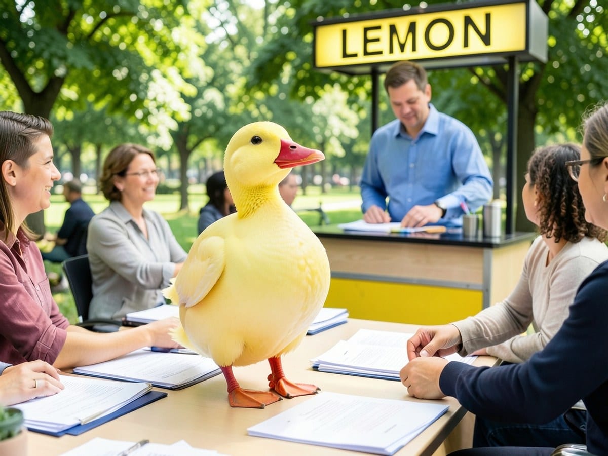 yellow duck with a red beak and feet stands on hind legs, contrasting with a blue shirt-clad vendor behind a "LEMON" stand at a verdant park.