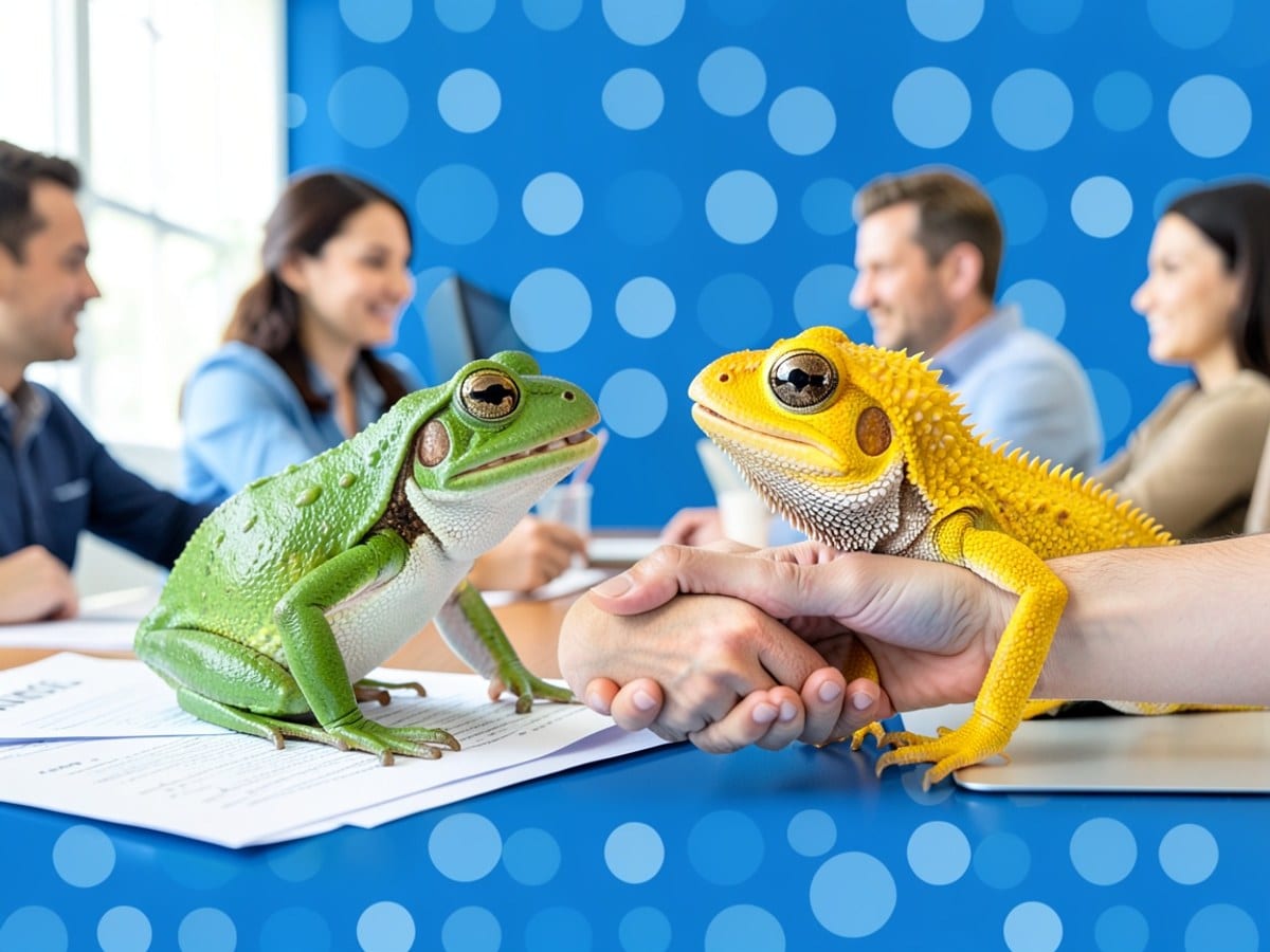 green frog and a yellow bearded dragon face each other on a blue background with a pattern of light blue circles.