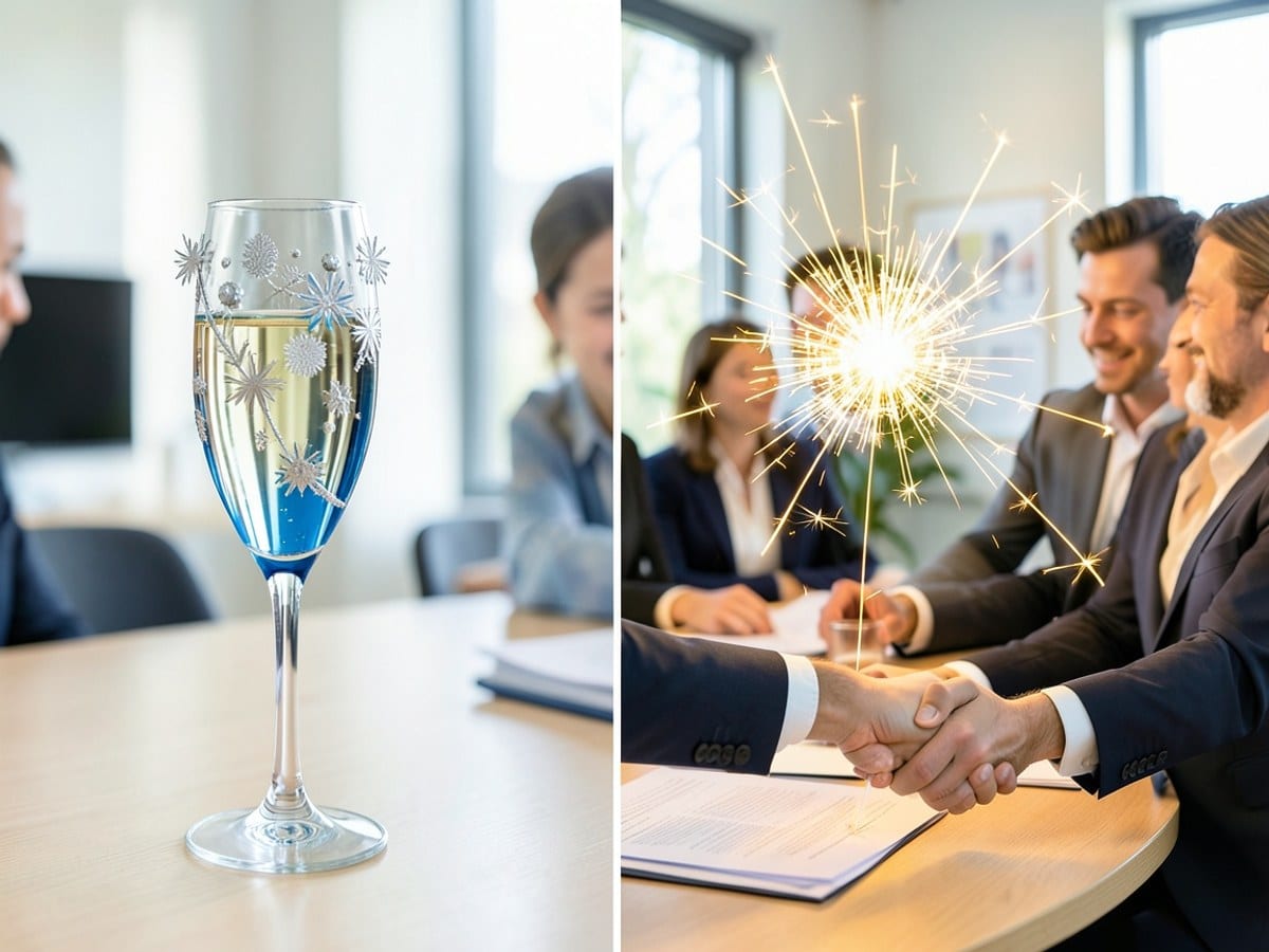 Two celebratory scenes contrast in color and atmosphere: a blue champagne glass with champagne and silver decorations, and a yellow sparkler explosion.