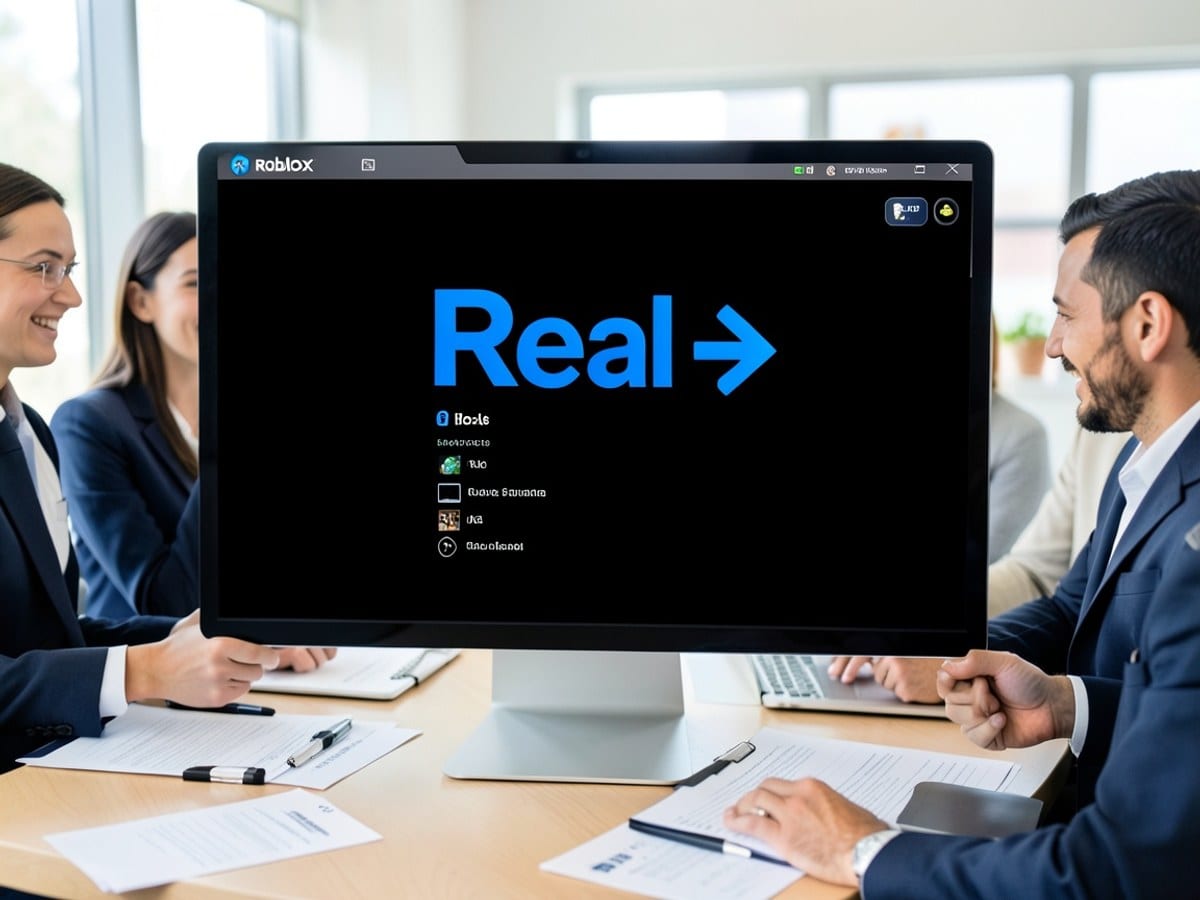 computer screen displays the Roblox game interface with a bold "Real" title in blue and a right-pointing arrow, accompanied by a menu and game options against a black background.