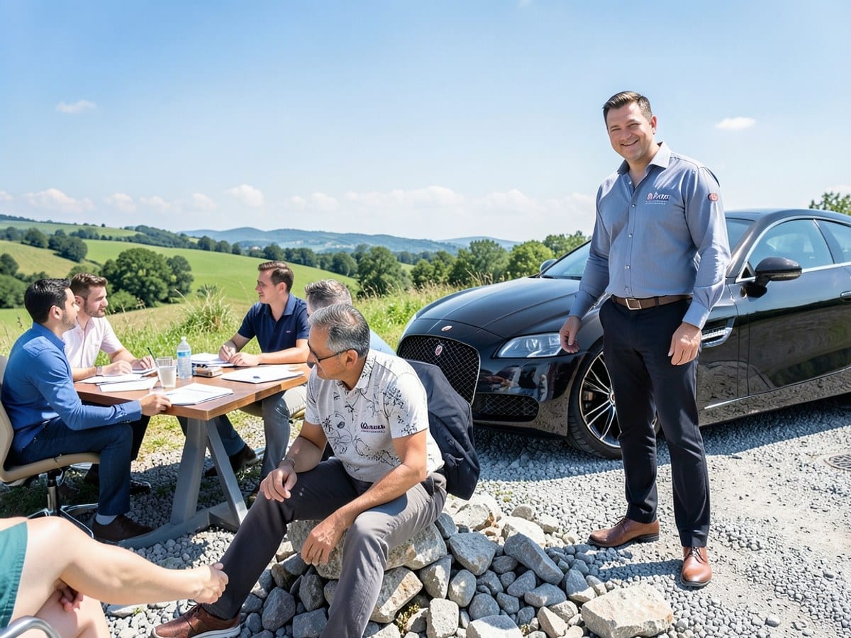 character with the client's branding sits on rubble, contrasting with a character with the client's branding standing beside a Bugatti, against a blue sky and green landscape.