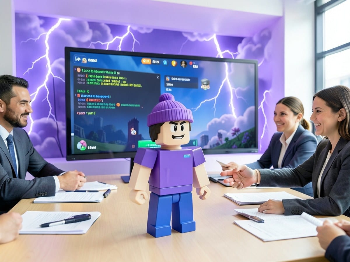 Roblox character, dressed in a purple beanie, stands in front of a Roblox screen displaying a chat window and game information, with a background of purple clouds and lightning bolts.