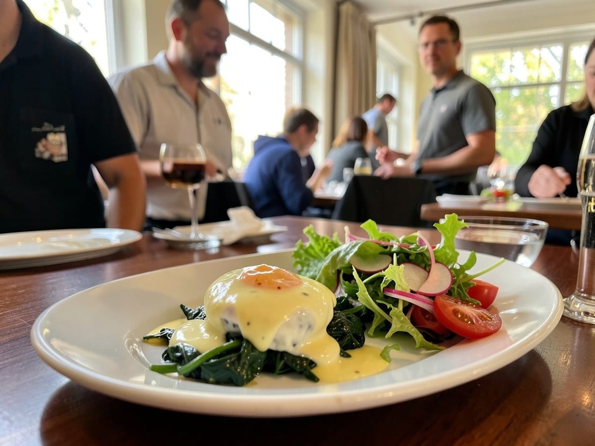 poached egg with hollandaise sauce and spinach sits on an oval plate, accompanied by a fresh salad of lettuce, radishes, and red tomatoes