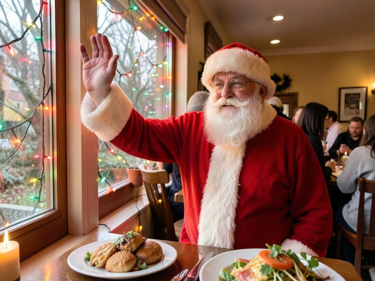 Santa Claus, dressed in a red suit and white beard, waves from a window with colorful Christmas lights casting a warm glow