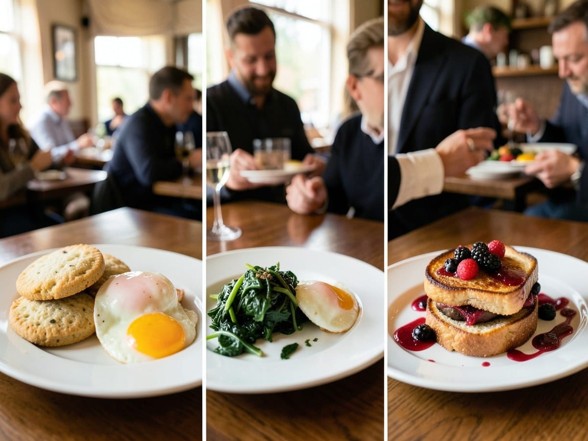 triptych of breakfast dishes features biscuits, poached eggs with greens, and a French toast with berries, presented on white plates with sauces