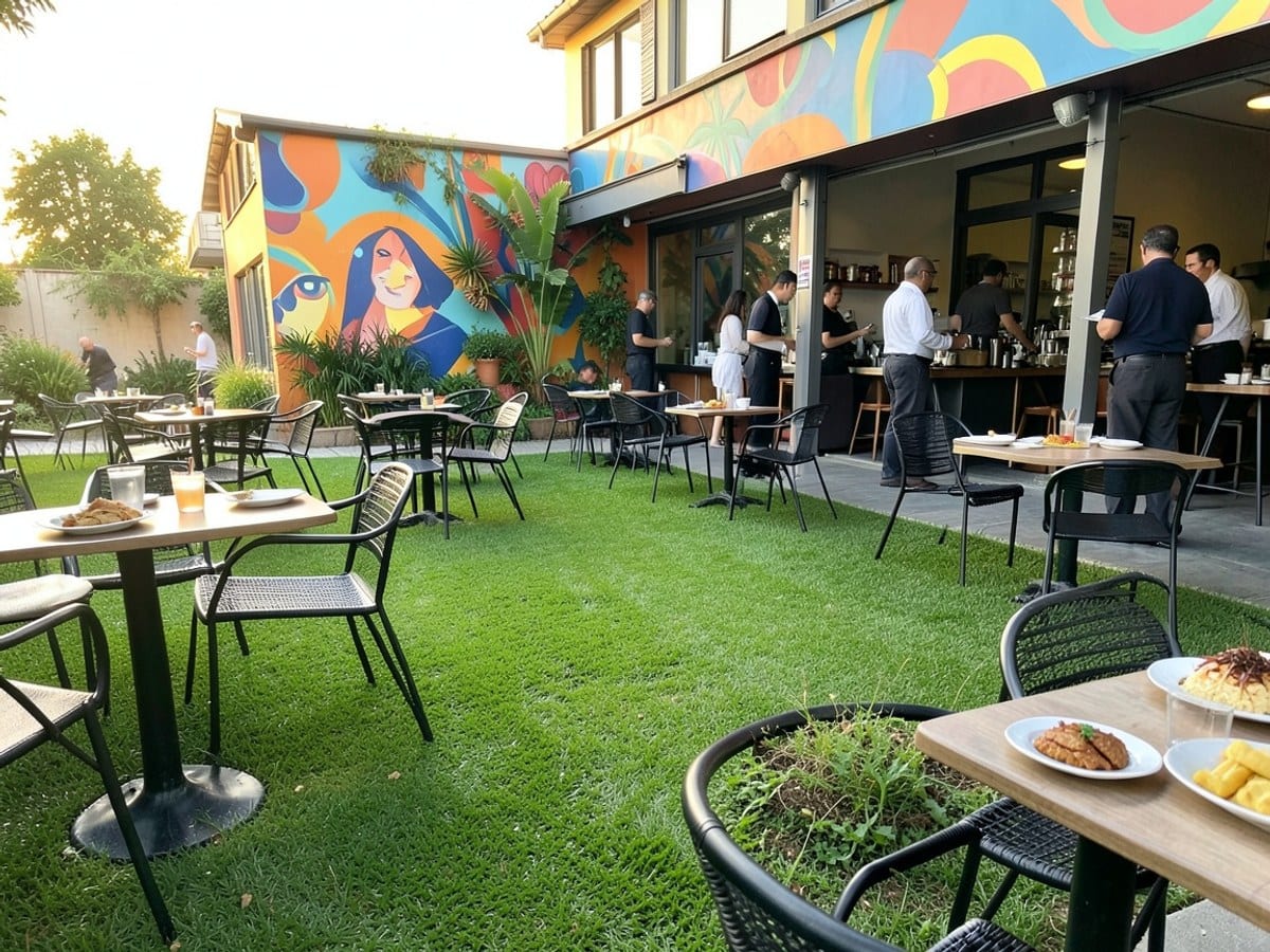modern outdoor dining area features a large green lawn, tables and chairs, and a colorful mural-adorned building in the background