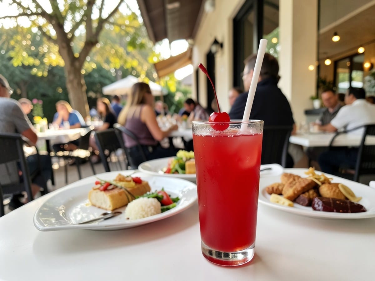 red cocktail with a cherry and straw is served in a tumbler on a white table, backed by an outdoor patio seating area and a building