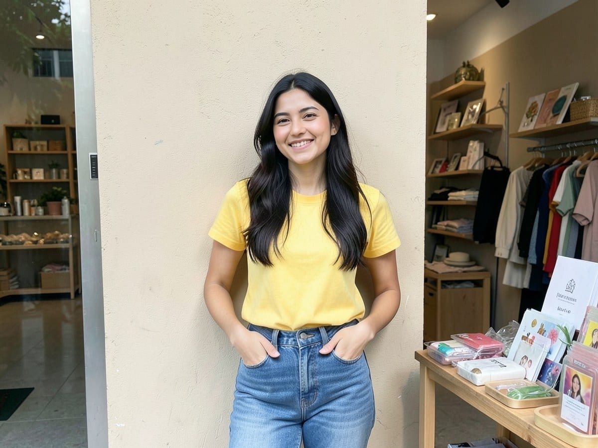 young woman with long, dark hair wears a yellow top and blue jeans, standing against a beige wall with hands in pockets.