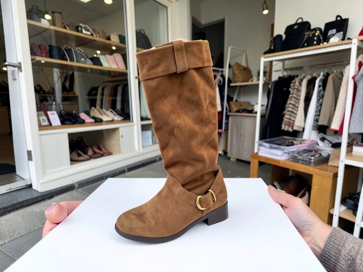 brown suede knee-high boot with a gold buckle and elastic cuff stands on a white background.