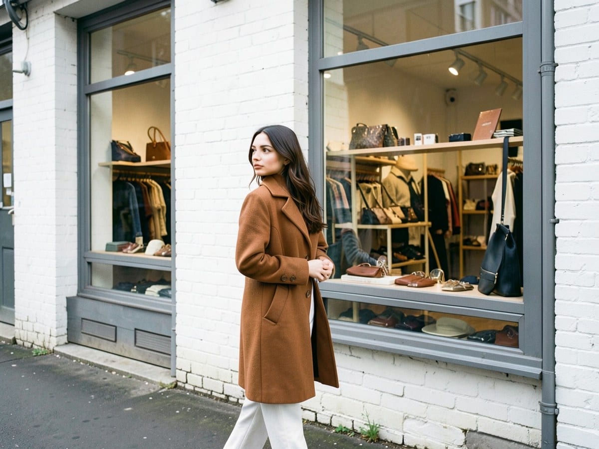 young woman in a brown coat and white pants walks against a white brick wall, gazing off to the side with a serious expression.