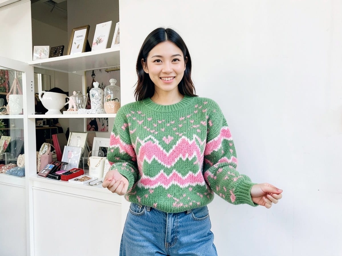 young woman wears a green and pink patterned sweater with a pink and white wave design, paired with blue jeans, standing against a white background.
