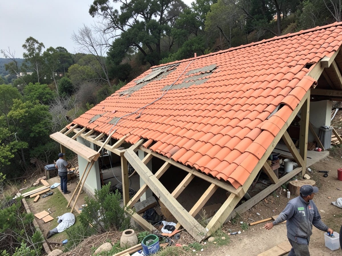 partially completed roof, made of orange tiles and wooden beams, is installed on a hillside with trees and shrubs in the background