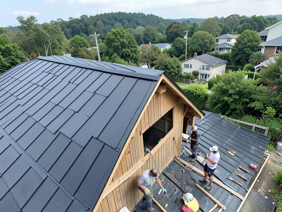metal roof with black panels and a wooden gable contrasts with the surrounding verdant landscape, viewed from a high vantage point