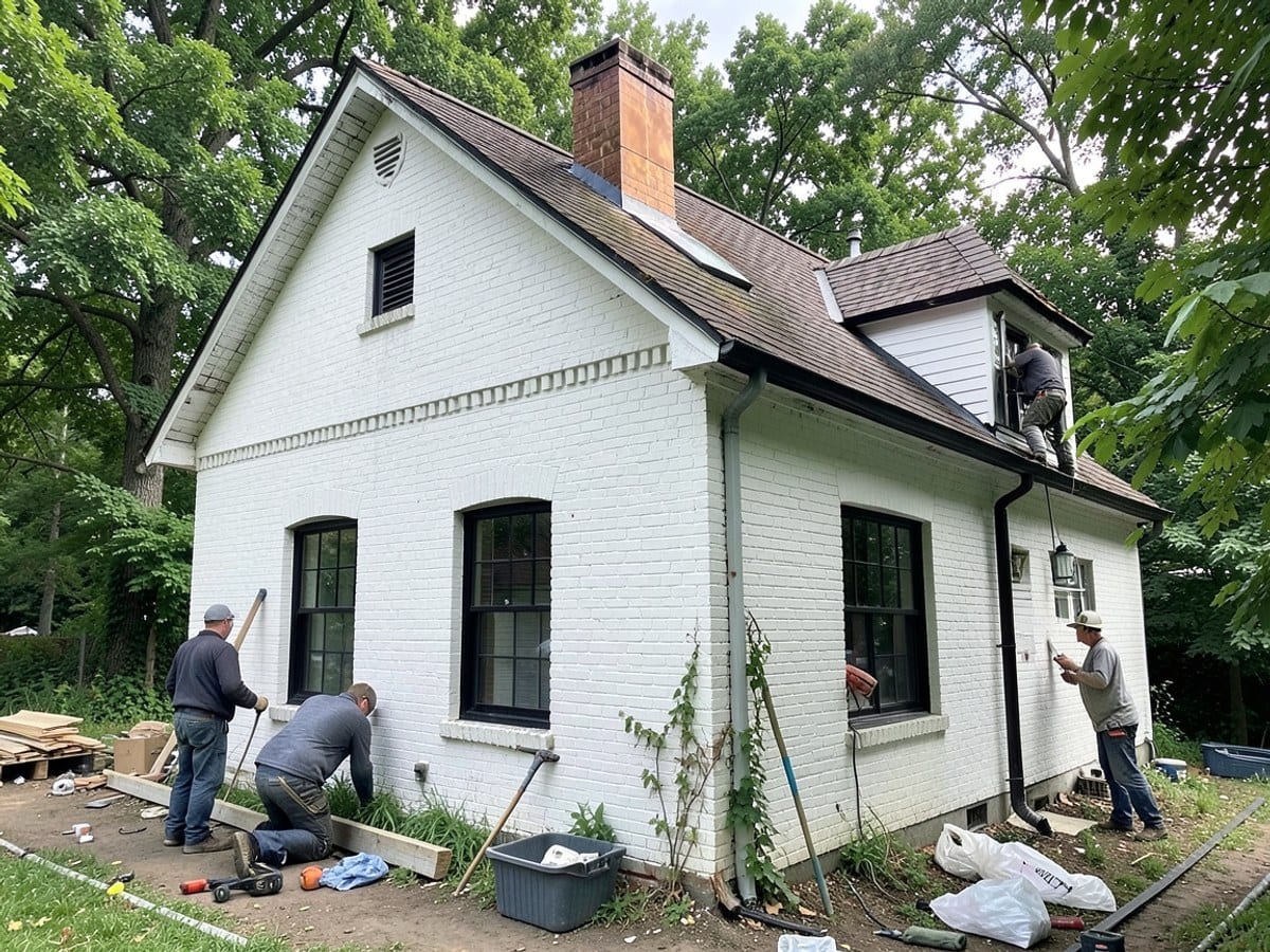 white brick house with black windows, a chimney, and a copper downspout is nestled amidst lush green trees