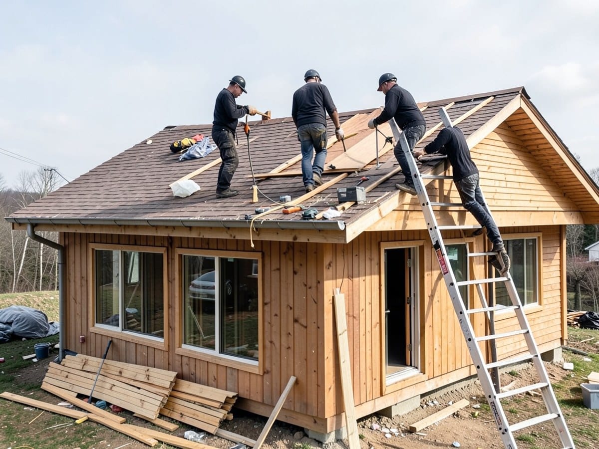 Three workers in black uniforms perform roofing tasks on a wooden house, including cutting roofing material, standing on a roof, and climbing a ladder
