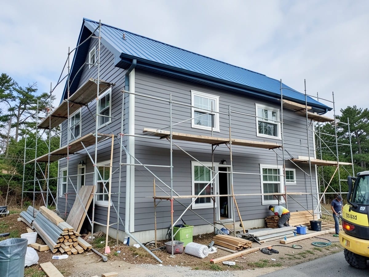 two-story house under construction, surrounded by scaffolding and materials, features a blue roof and gray siding, with a construction vehicle and worker nearby