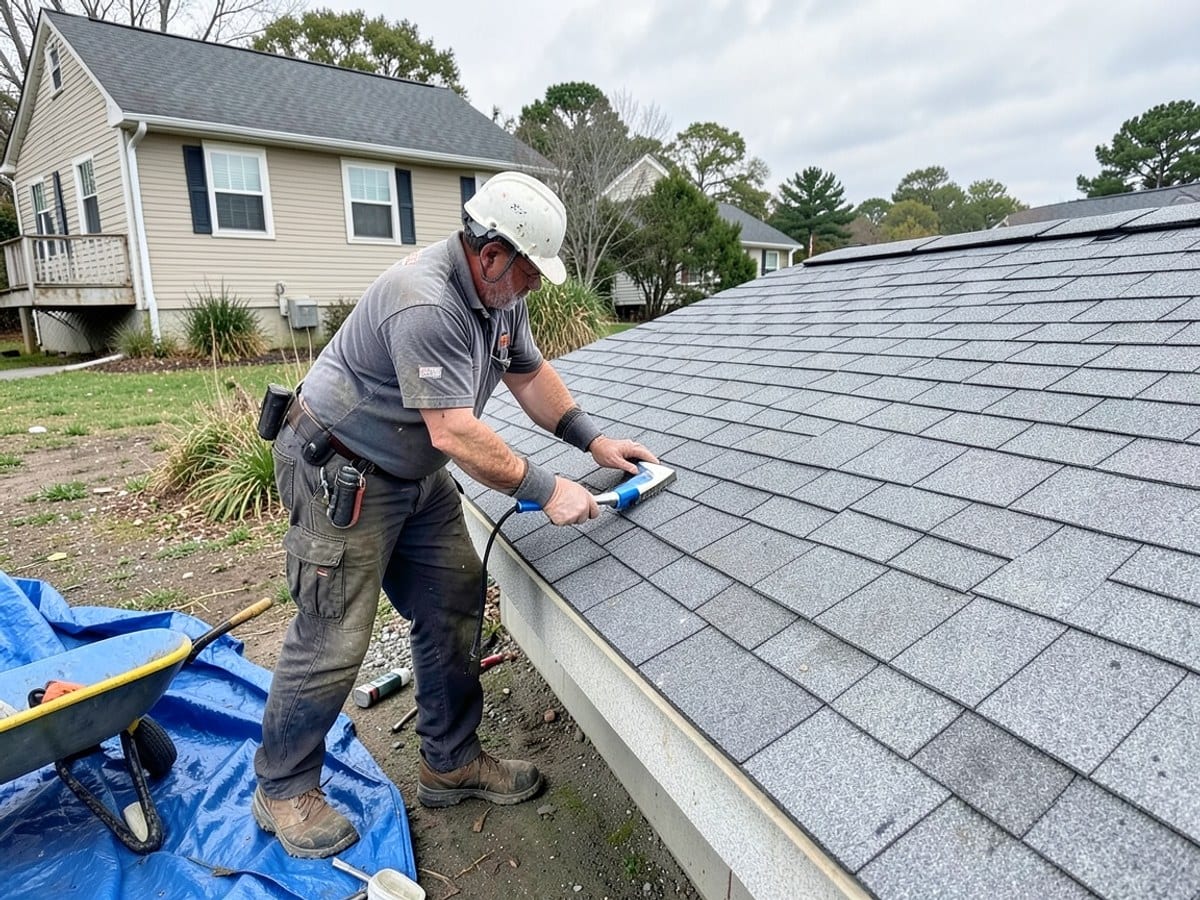 construction worker in safety gear installs a gray shingle roof, using a blue and white tool, with a yellow wheelbarrow and blue tarp nearby