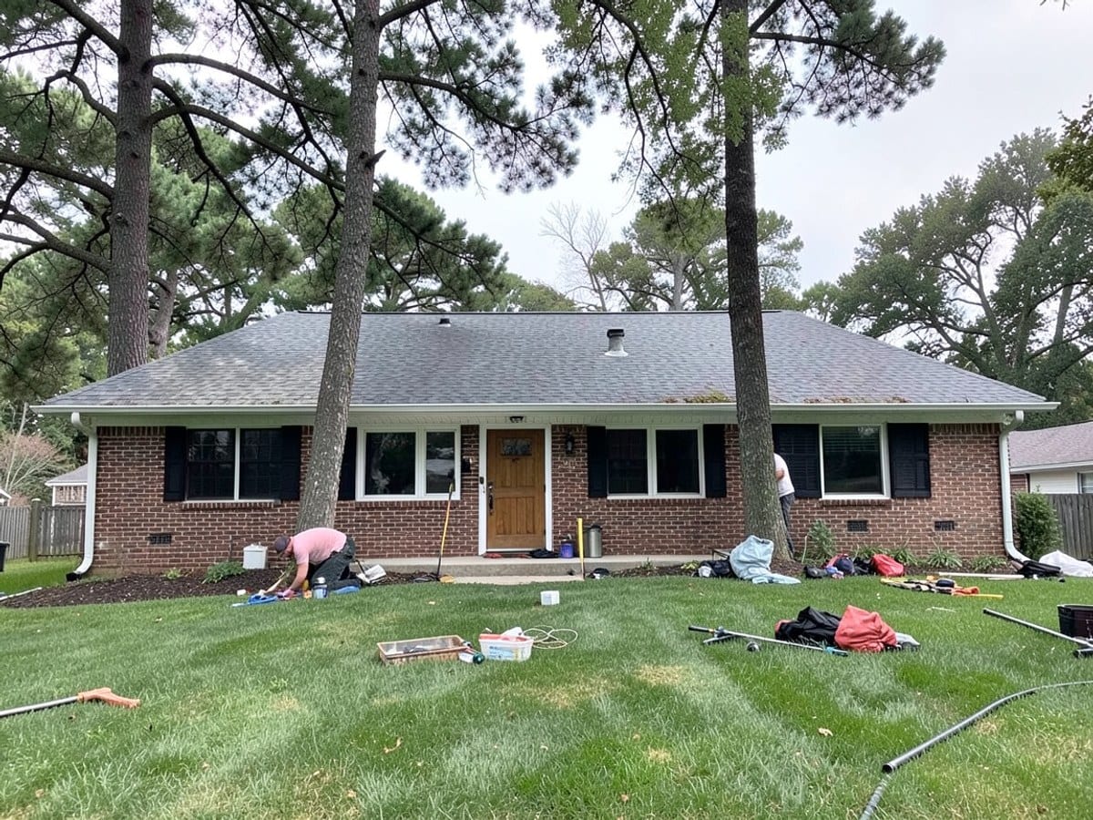 single-story brick house with a gray roof, black windows, and white trim features a wooden door, flanked by tall trees and a well-manicured lawn