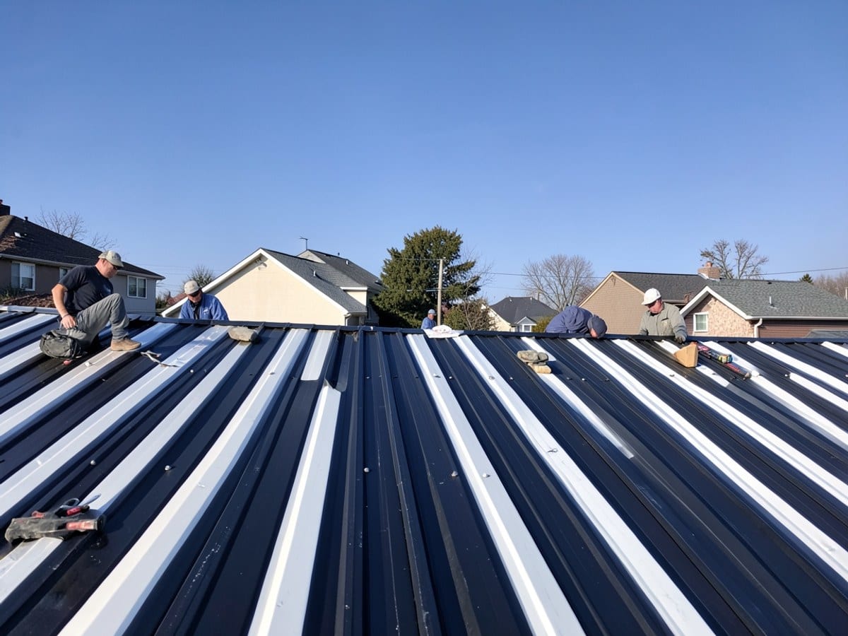 metal roof with alternating black and white stripes extends across the frame, contrasting against a clear blue sky
