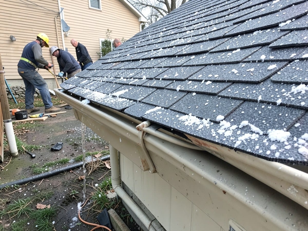 gray asphalt shingle roof, covered in hail, is attached to a beige metal gutter, with water flowing down towards the ground