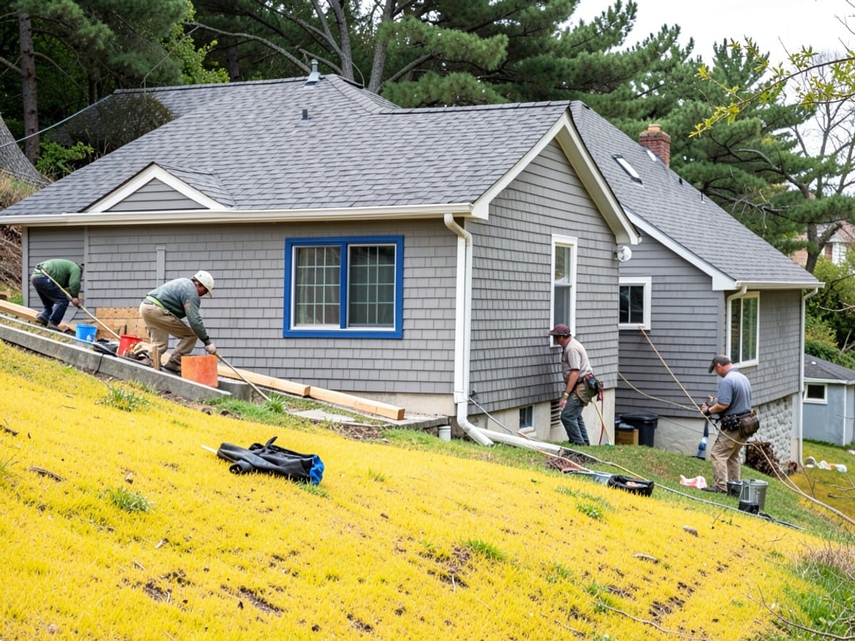 house with gray shingles and a blue window is situated on a sloping lot, with a yellow lawn and trees in the background