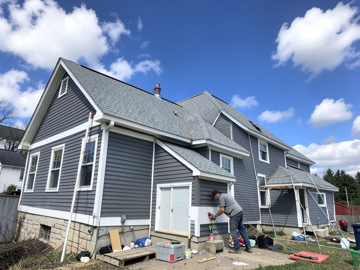 gray house with white trim and gray shingled roof, set against a clear blue sky with white clouds