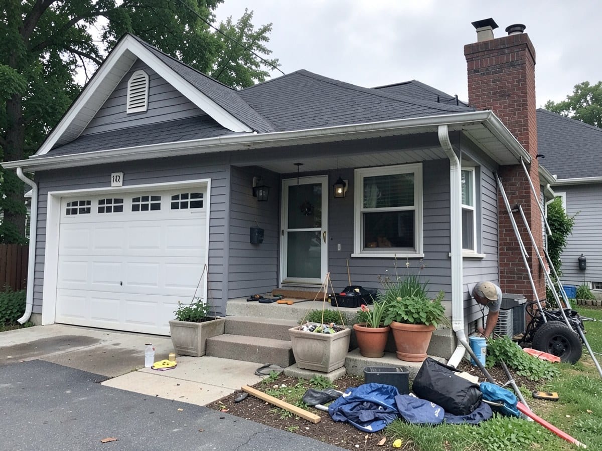 gray house with a white garage door, front door, and windows features a covered porch with concrete steps and planters, accompanied by potted plants and a brick chimney