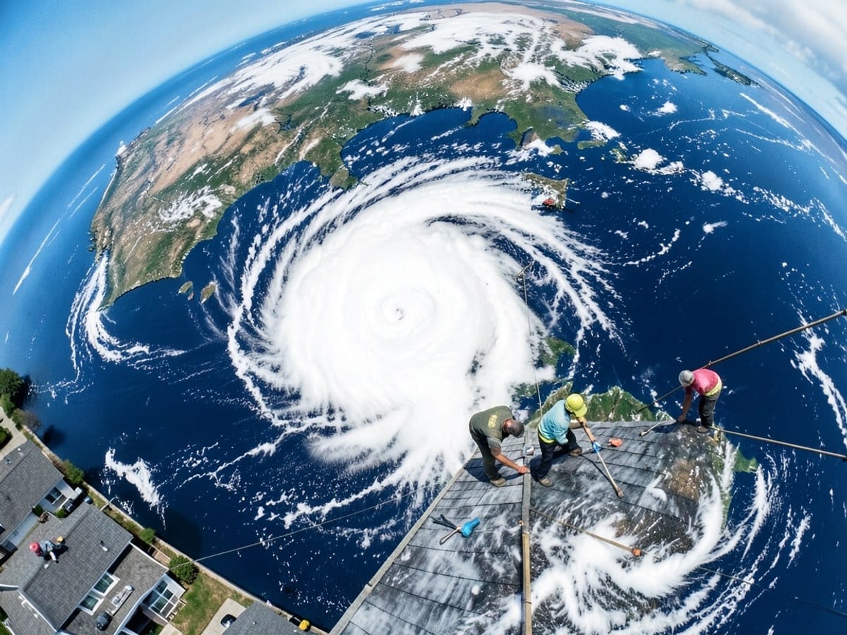 satellite view of the Earth reveals a powerful storm in the Atlantic Ocean, swirling with white clouds and blue waters, centered over the United States