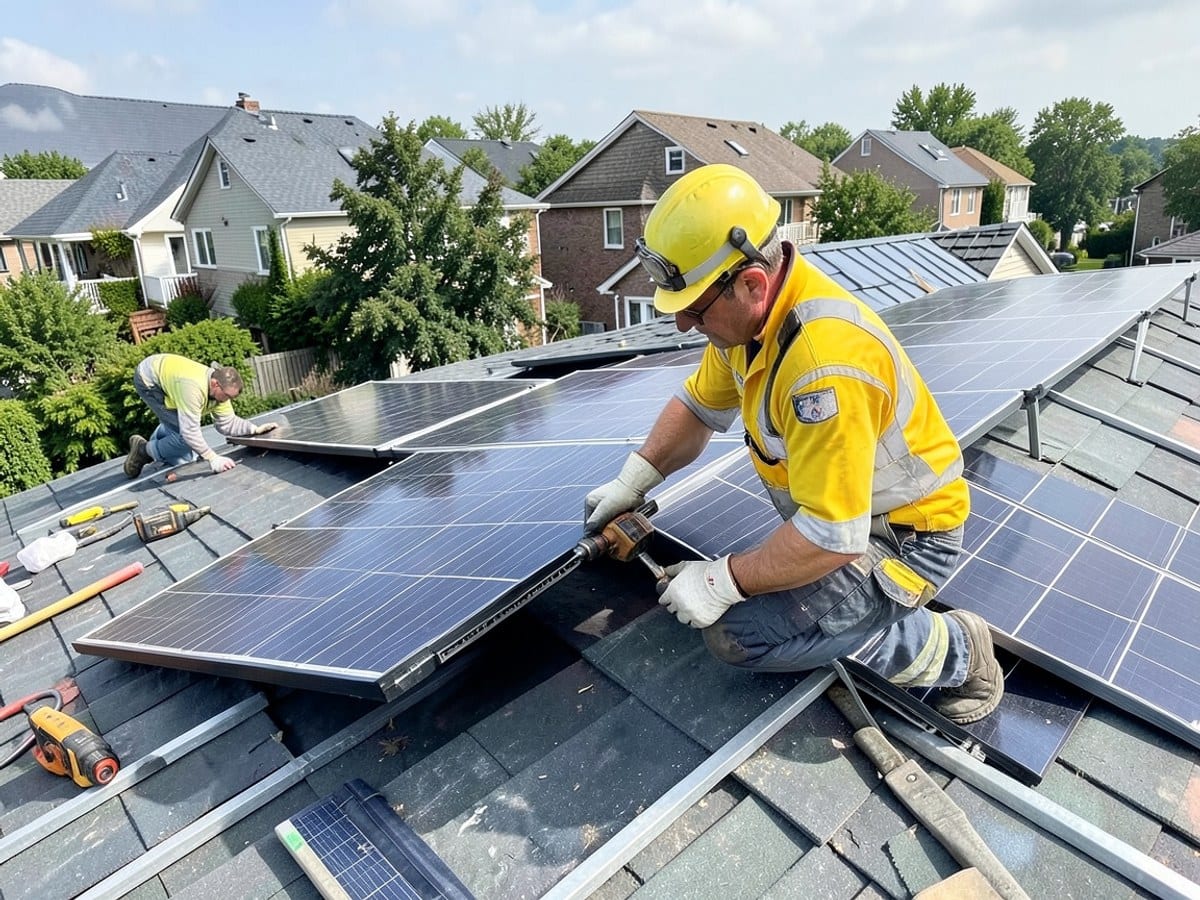 construction worker in safety gear installs solar panels on a rooftop, using a tool to secure the panels in place