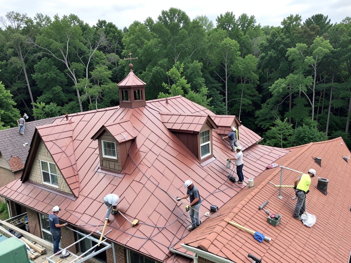 copper roof with brown dormers and a small cupola contrasts with a lush green forest backdrop