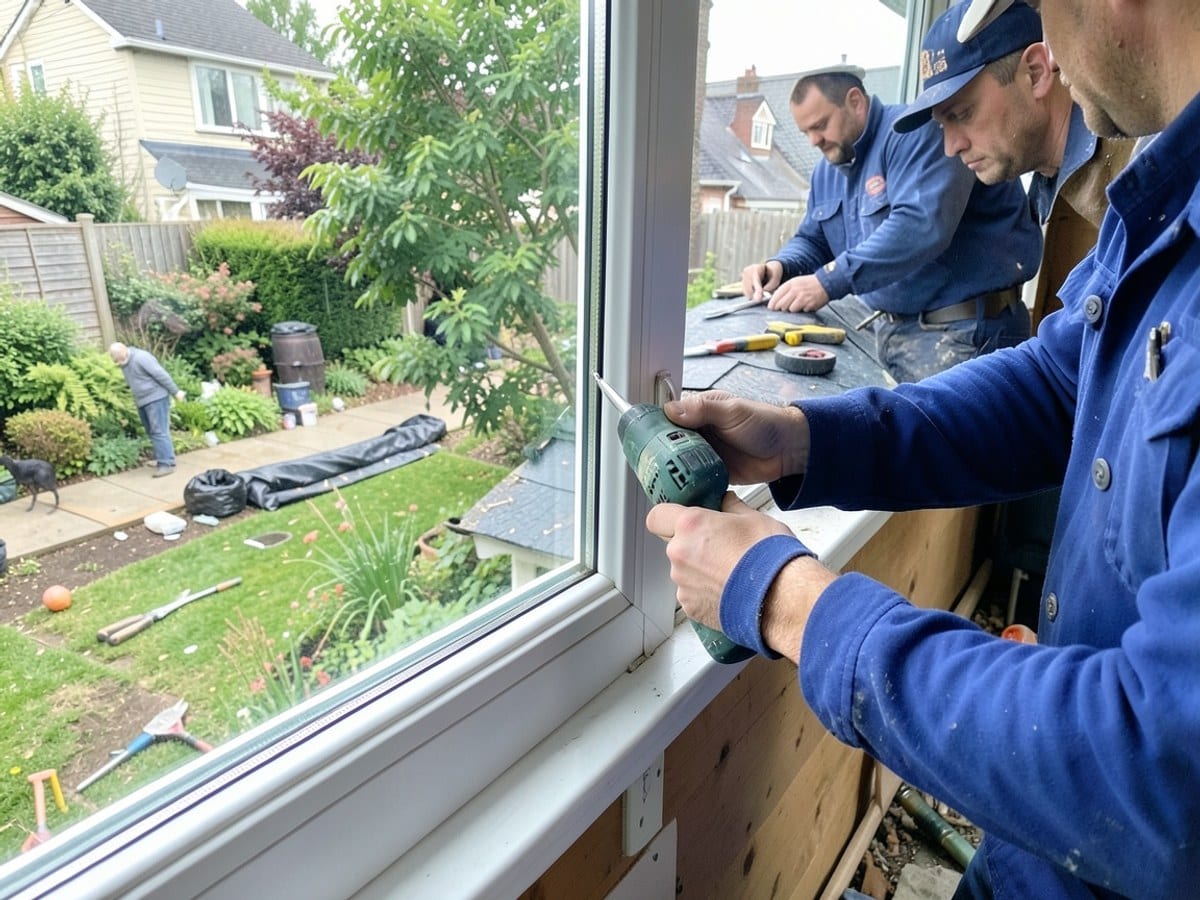 Hands in a blue uniform use a green power drill to fix or adjust a window handle on a white window frame, with a garden visible through the window