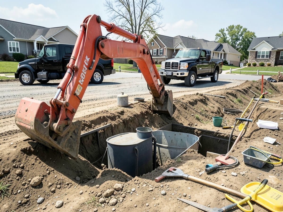 red Kubota excavator digs into the ground at a residential construction site, with a black truck and houses visible in the background.