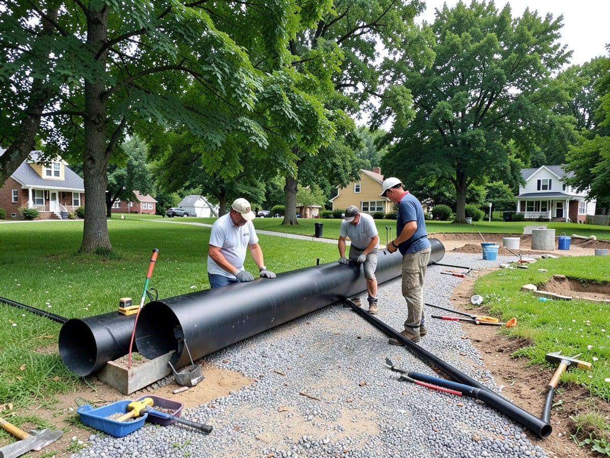 Three construction workers lay a large black pipe on a gravel path in a park-like setting, surrounded by trees and green grass.