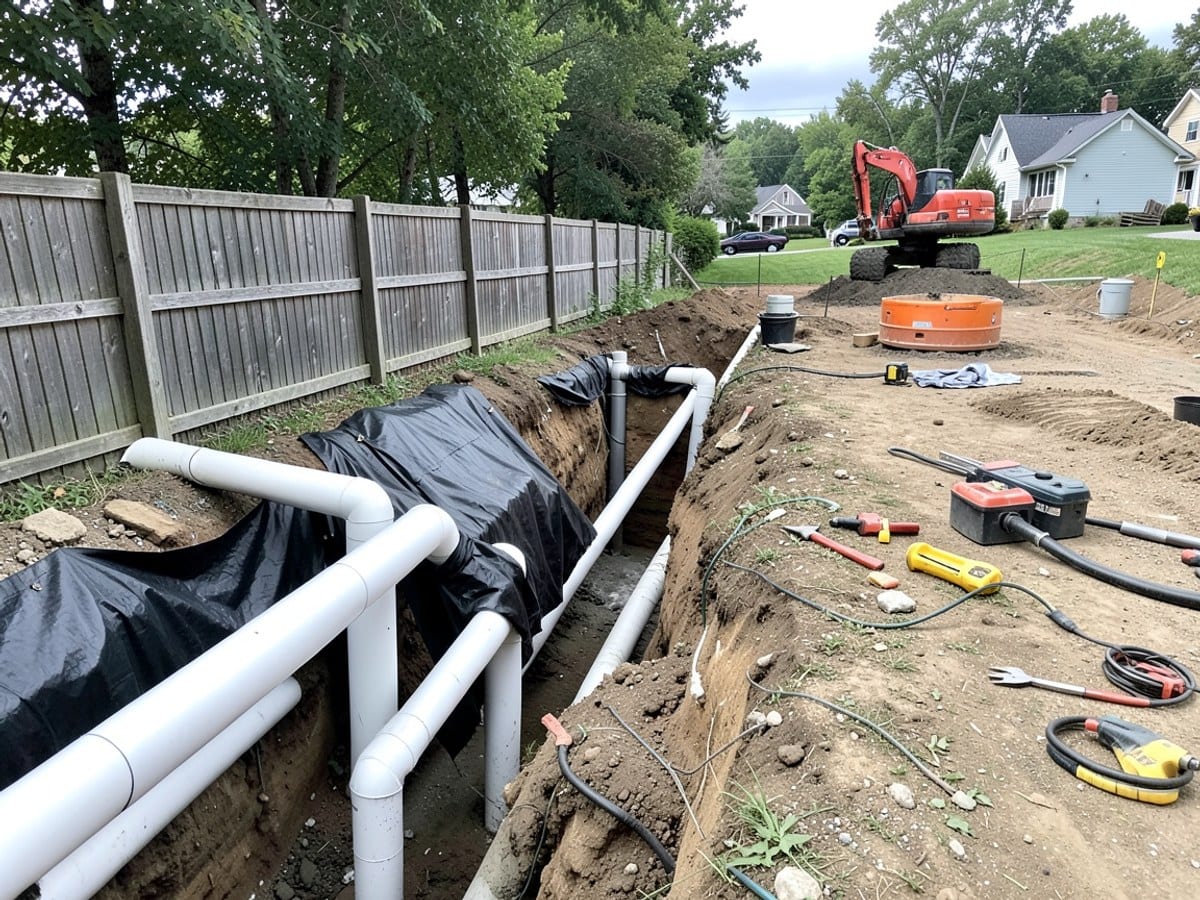 construction site features a trench with white pipes, a black tarp, and a red excavator, with a wooden fence and trees in the background.