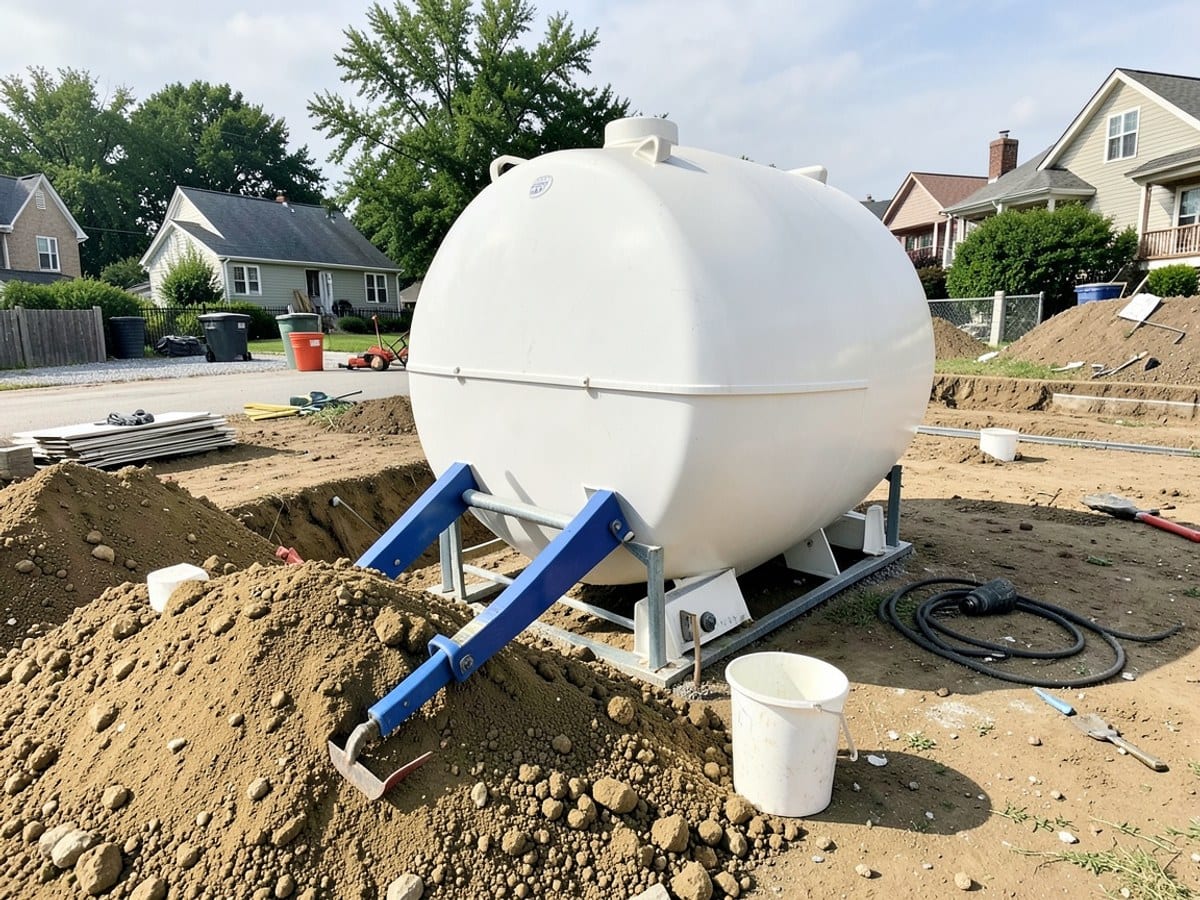 large white tank being a lift from a pile of dirt, with a blue tool and white bucket nearby, at a construction site.