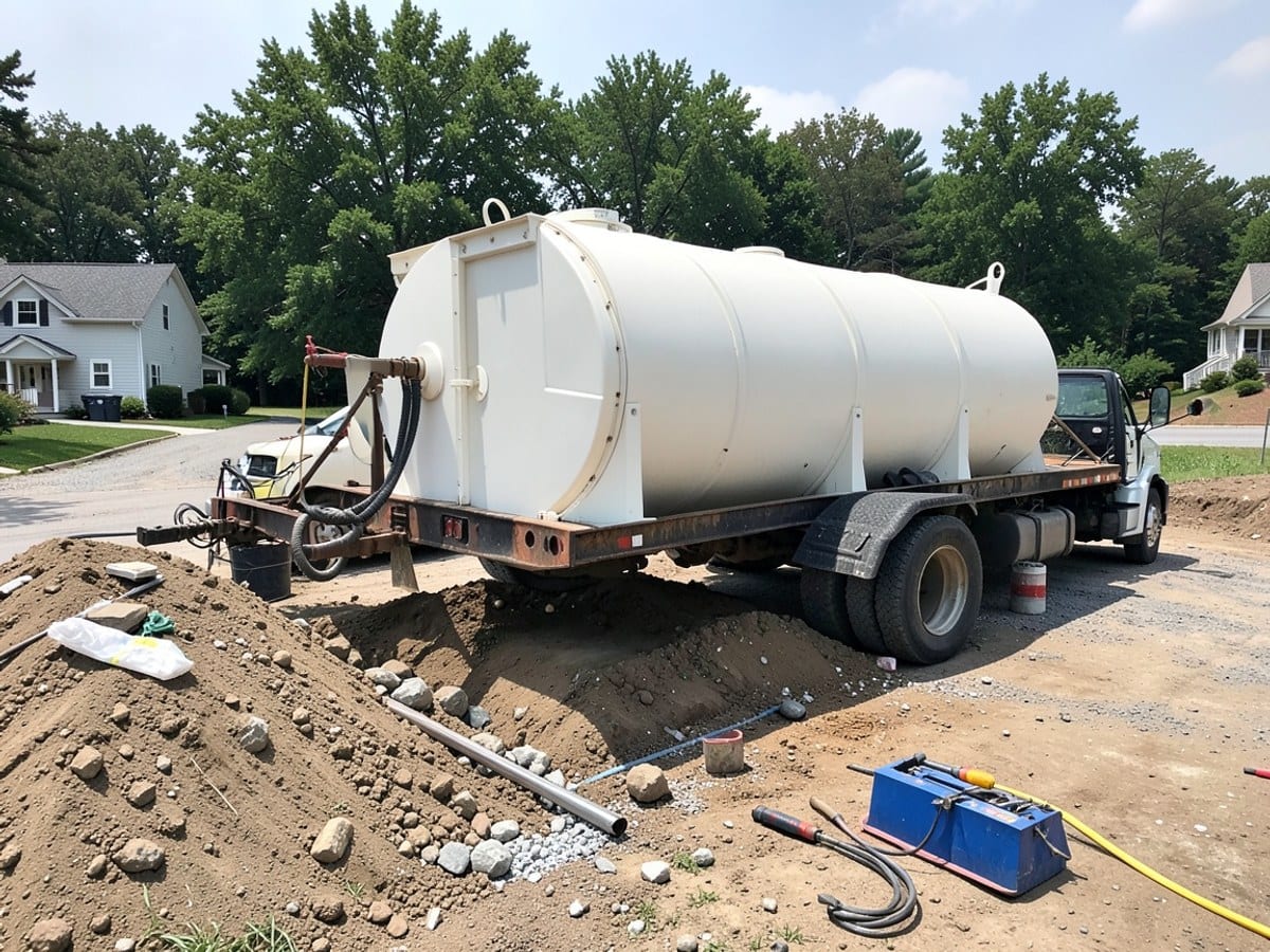large white tank being a lift from a truck at a construction site, with a dirt and rock pile, blue toolbox, and trees in the background.